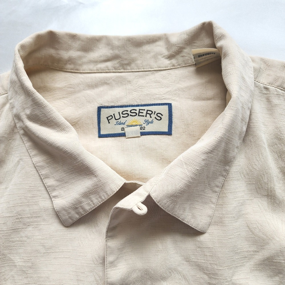Pussers Island Style Mens XL Silk Cotton Beige Jacquard Button Down Shirt Luxury - Picture 5 of 9